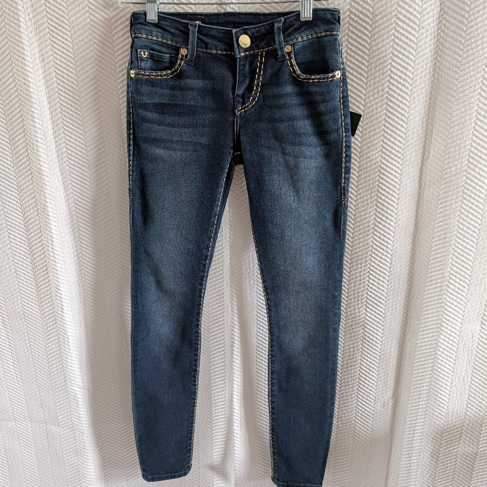True Religion Halle Mid Rise Super Skinny Jeans Dark Blue Wash Size 24 Y2K Denim - Picture 1 of 12